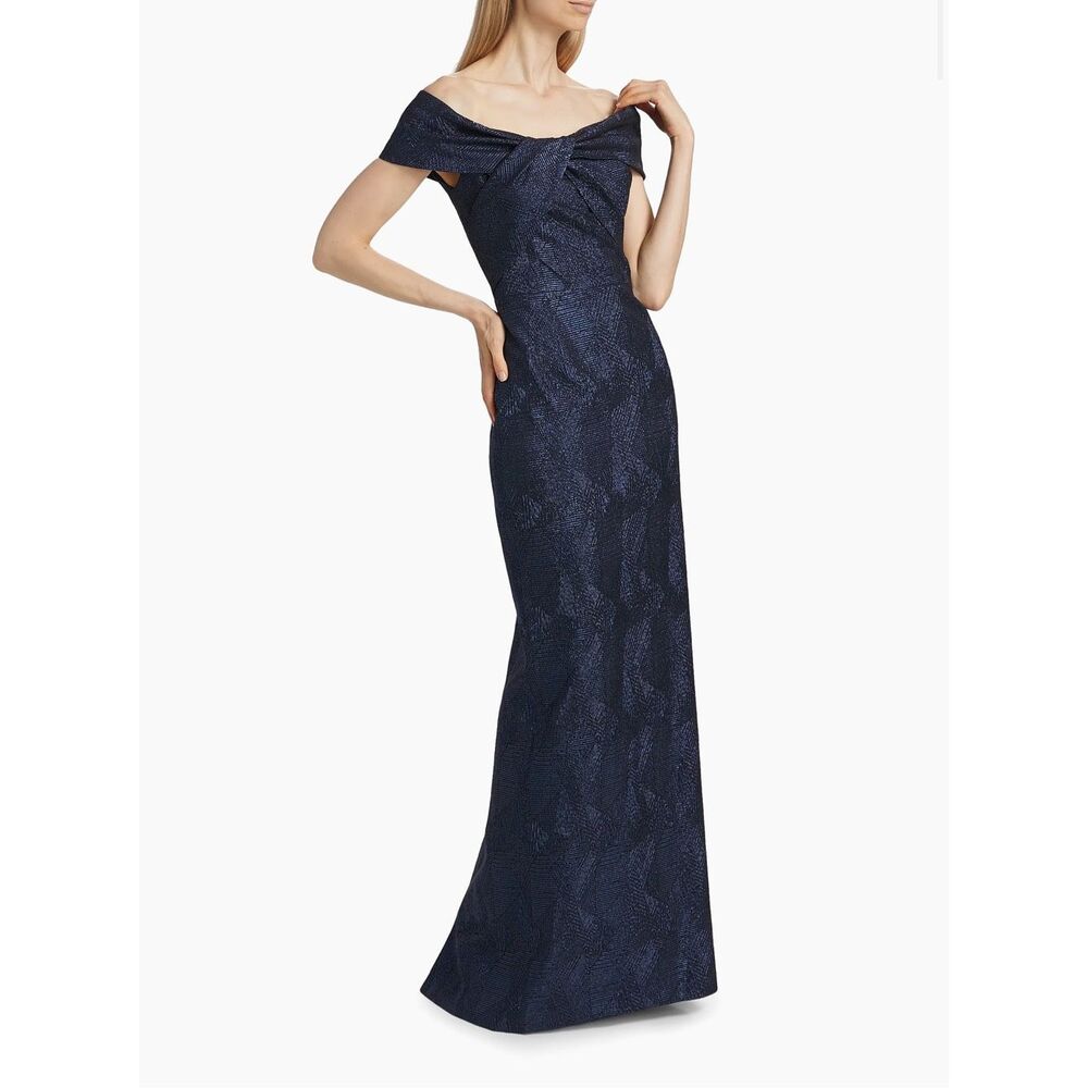Teri Jon Jacquard Twist Off-the-Shoulder Column Gown US 6 $670
